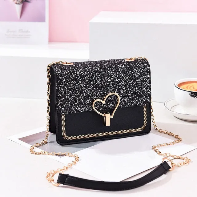 2019 New Arrival Women Bag Crossbody Bags for Women heart Buckle Handbag Glitter Sequins Chain Shoulder Bag PU Leather Handbags