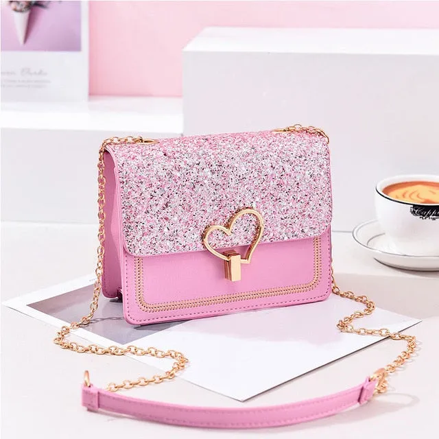 2019 New Arrival Women Bag Crossbody Bags for Women heart Buckle Handbag Glitter Sequins Chain Shoulder Bag PU Leather Handbags