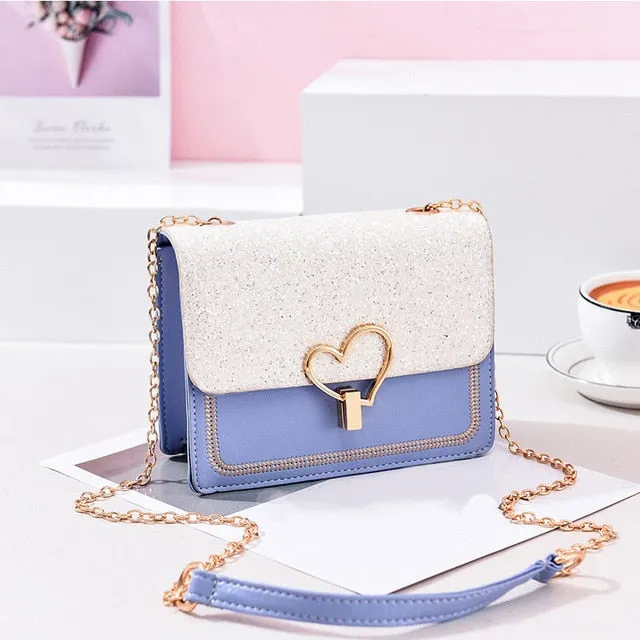 2019 New Arrival Women Bag Crossbody Bags for Women heart Buckle Handbag Glitter Sequins Chain Shoulder Bag PU Leather Handbags