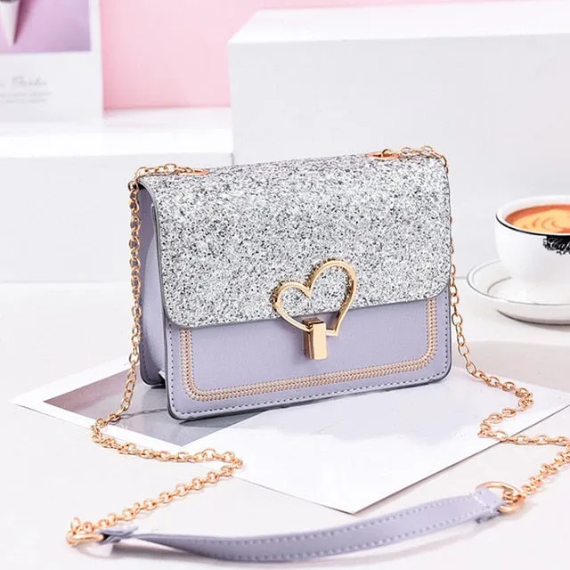 2019 New Arrival Women Bag Crossbody Bags for Women heart Buckle Handbag Glitter Sequins Chain Shoulder Bag PU Leather Handbags