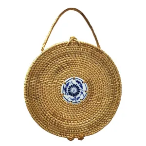 Blue and White Porcelain Decorative Circle Rattan Bag