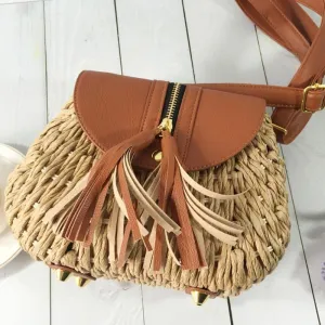 Braided Straw Tassel Shoulder Bag