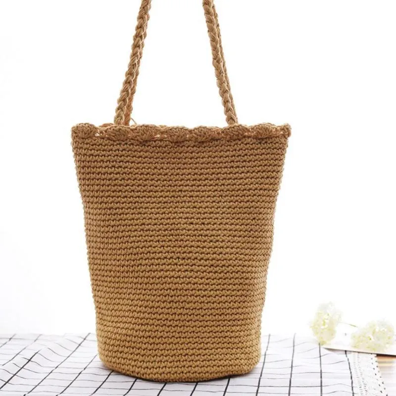 Casual Bucket Shape Straw Drawstring Shoulder Bag