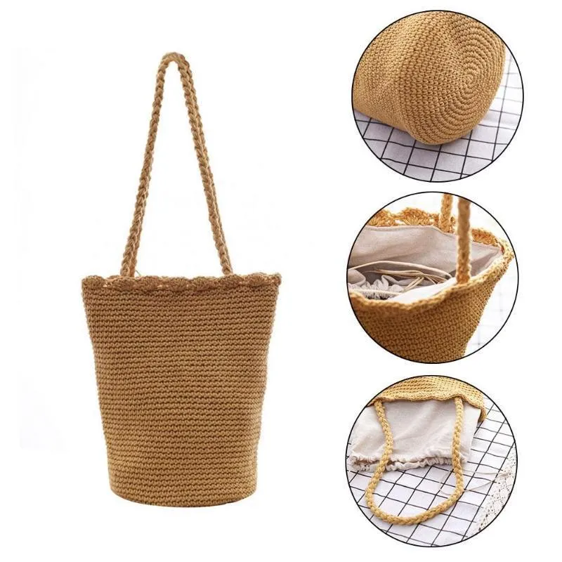 Casual Bucket Shape Straw Drawstring Shoulder Bag