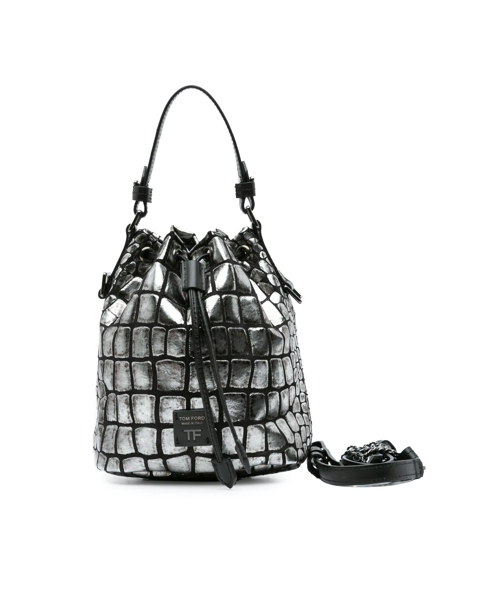 Croc Embossed Leather Drawstring Bucket Bag