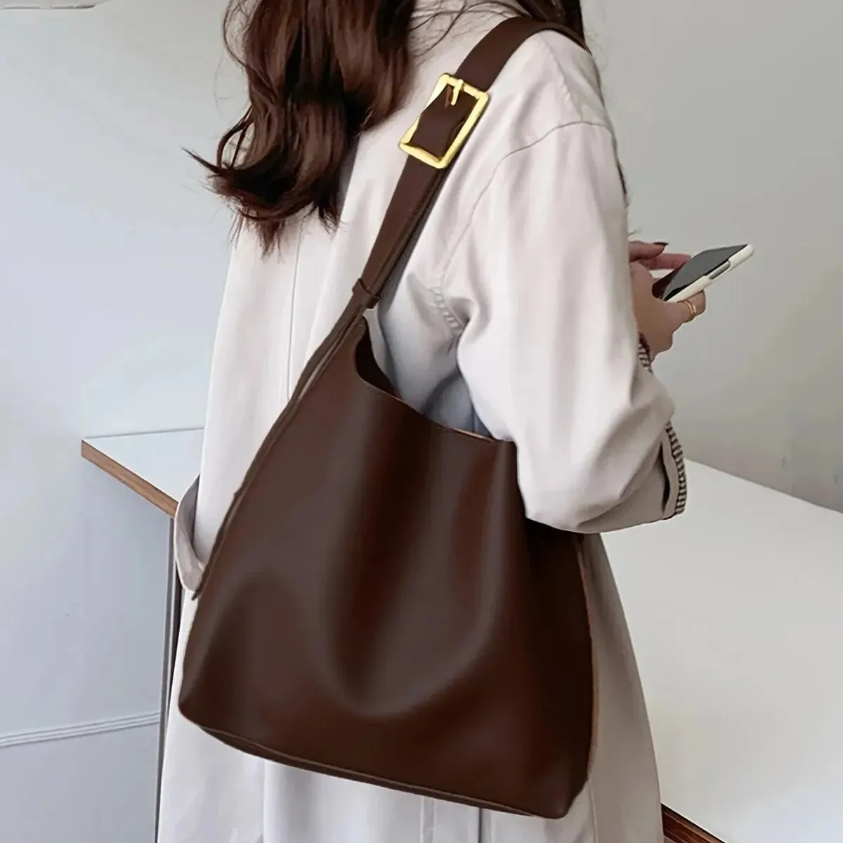 Dermearne All-Match Women Shoulder Bag Solid Fashion Handbag Crossbody Bag Women's Minimalist PU Leather Bag For Work