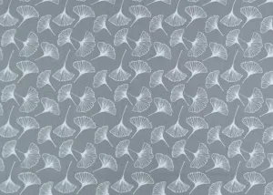 Fluttering White Ginkgo Leaves on Silvery Grey Laminated Cotton (Made in France)