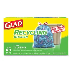 Glad Tall Kitchen Blue Recycling Bags, 13 Gal, 0.9 Mil, 27.38" X 24", Translucent Blue, 45/Box - CLO78542BX