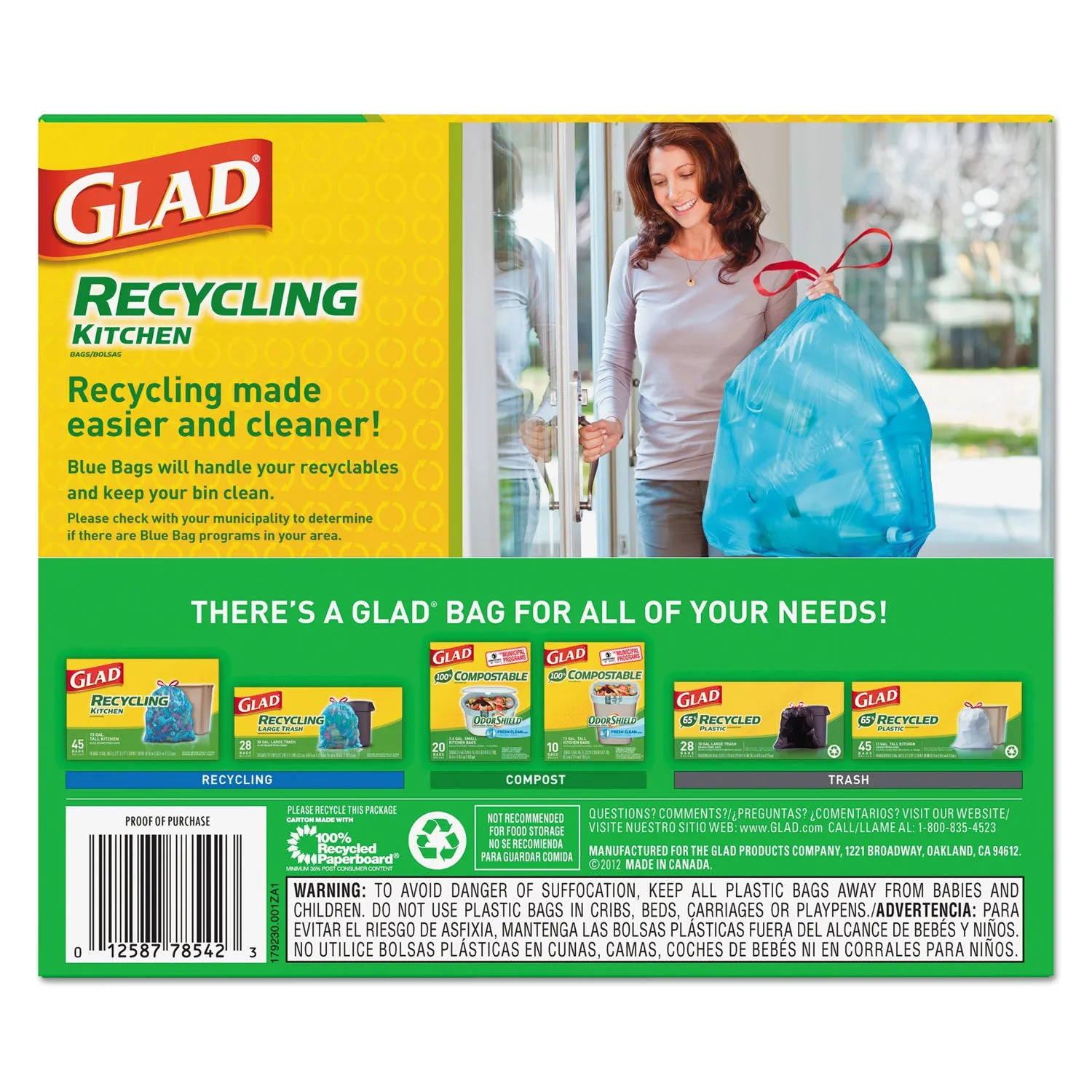 Glad Tall Kitchen Blue Recycling Bags, 13 Gal, 0.9 Mil, 27.38" X 24", Translucent Blue, 45/Box - CLO78542BX