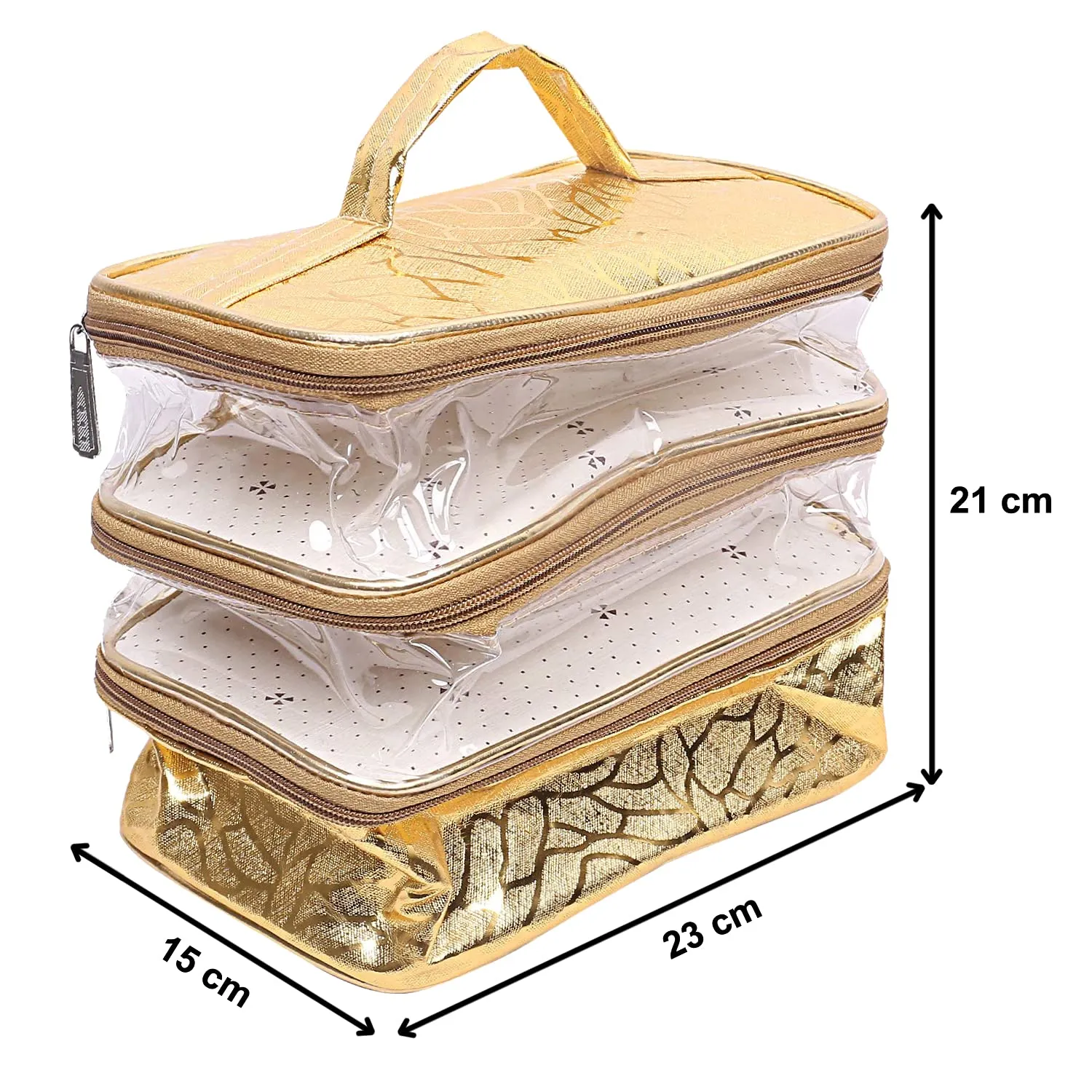 Kuber Industries 3 Layer Cosmetic Bag for Women|Travel Toiletry Bag|Makeup Bag Organizer (Gold)