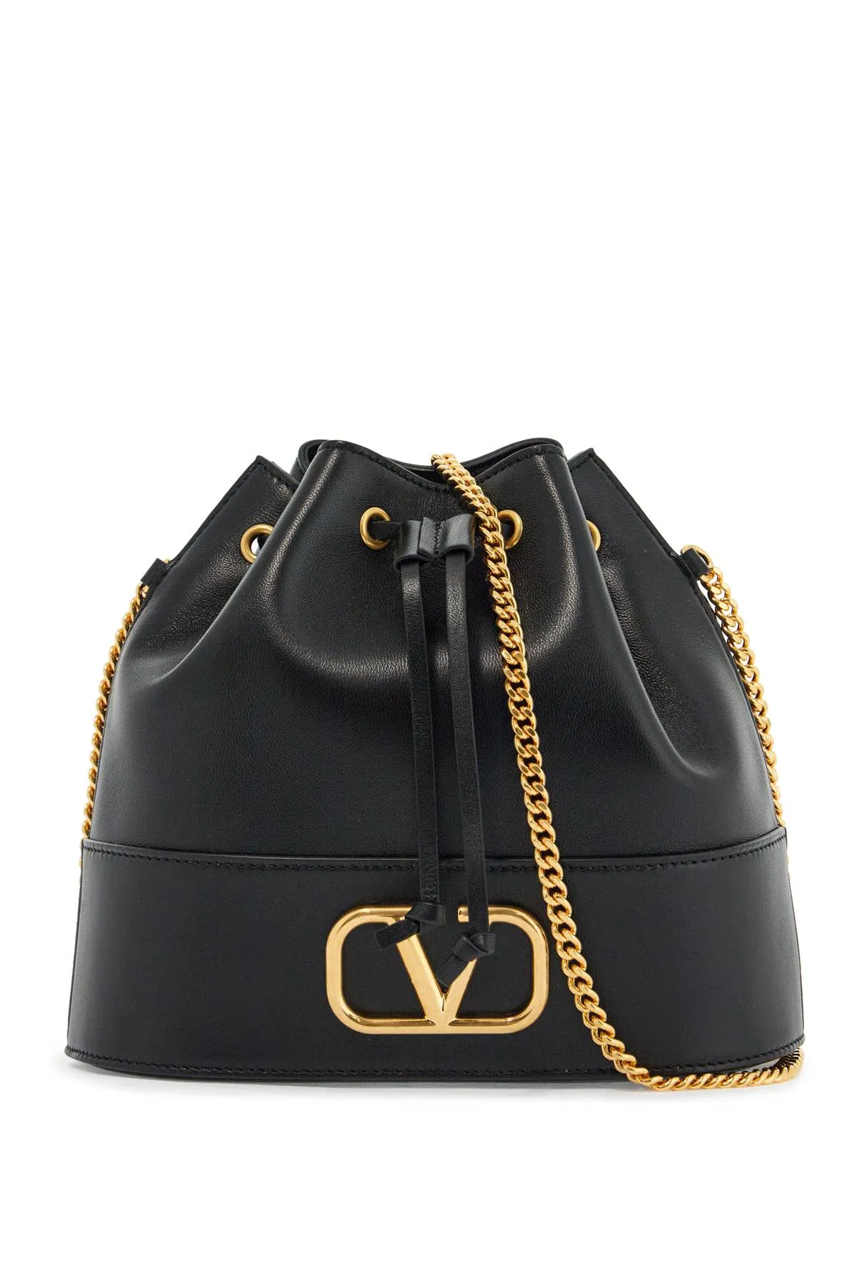 Mini Bucket Bag In Black Leather With Drawstring