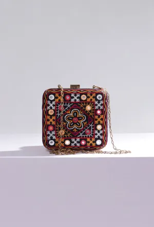 Nur Orange & Multi Kutch Embroidered Square Box Clutch