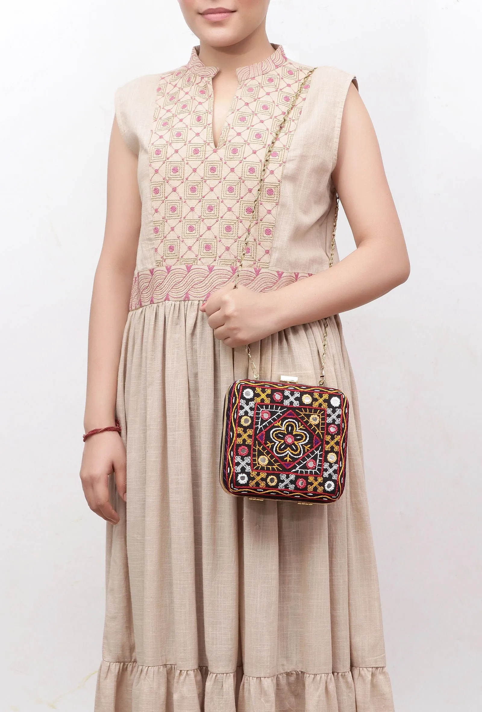 Nur Orange & Multi Kutch Embroidered Square Box Clutch