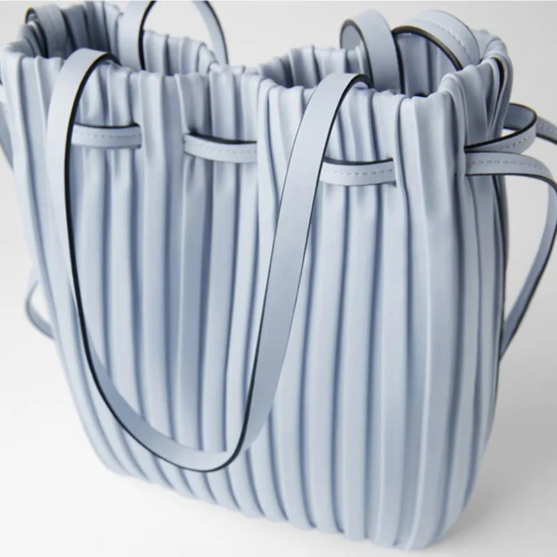 Slouchy Drawstring Gathered Pleated Bucket Bag - Light Blue