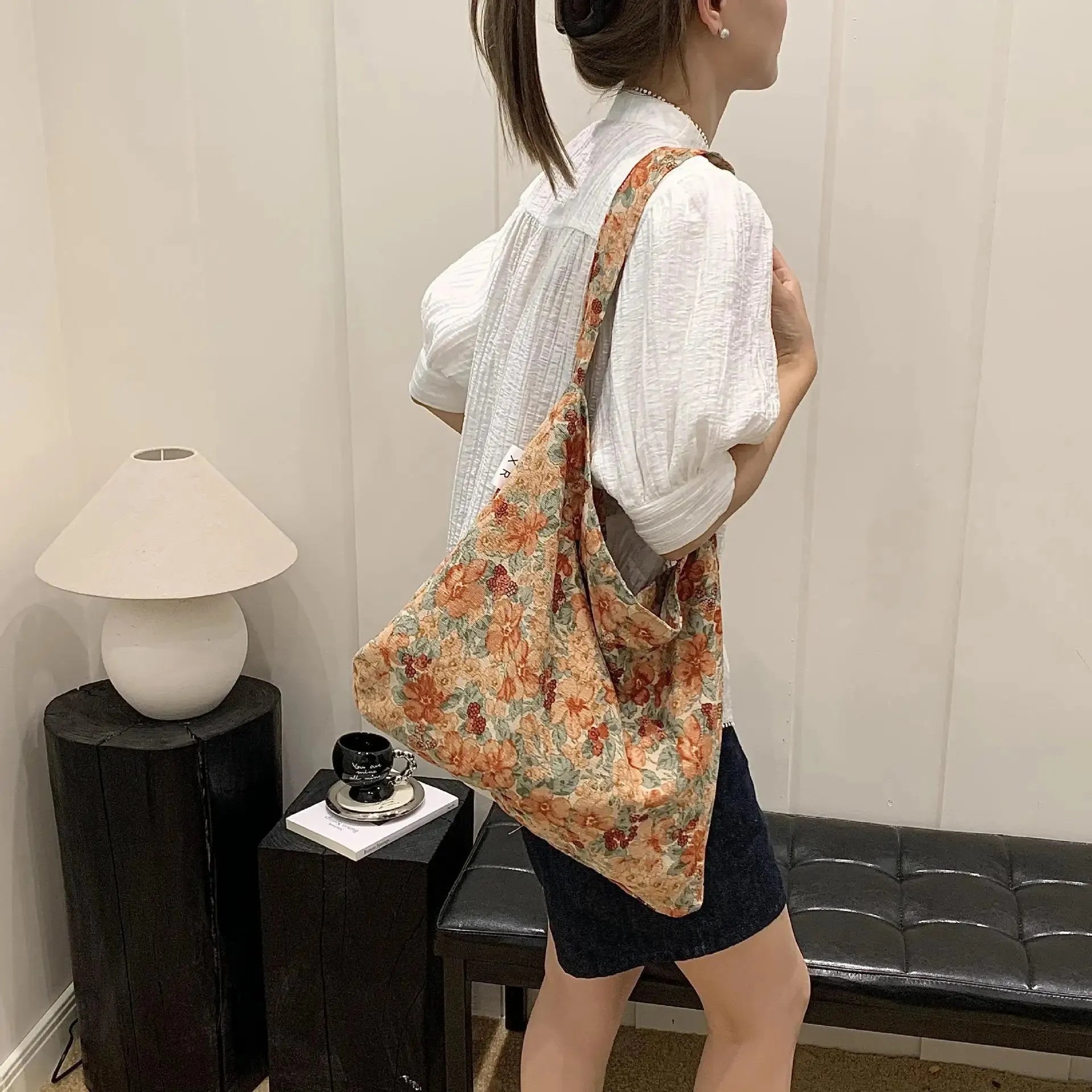 Sohiwoo Fashionable Versatile Floral Bag Thin Cotton Bag Large-capacity Retro Literary Shoulder Crossbody Bag Lazy Style Tote Bag