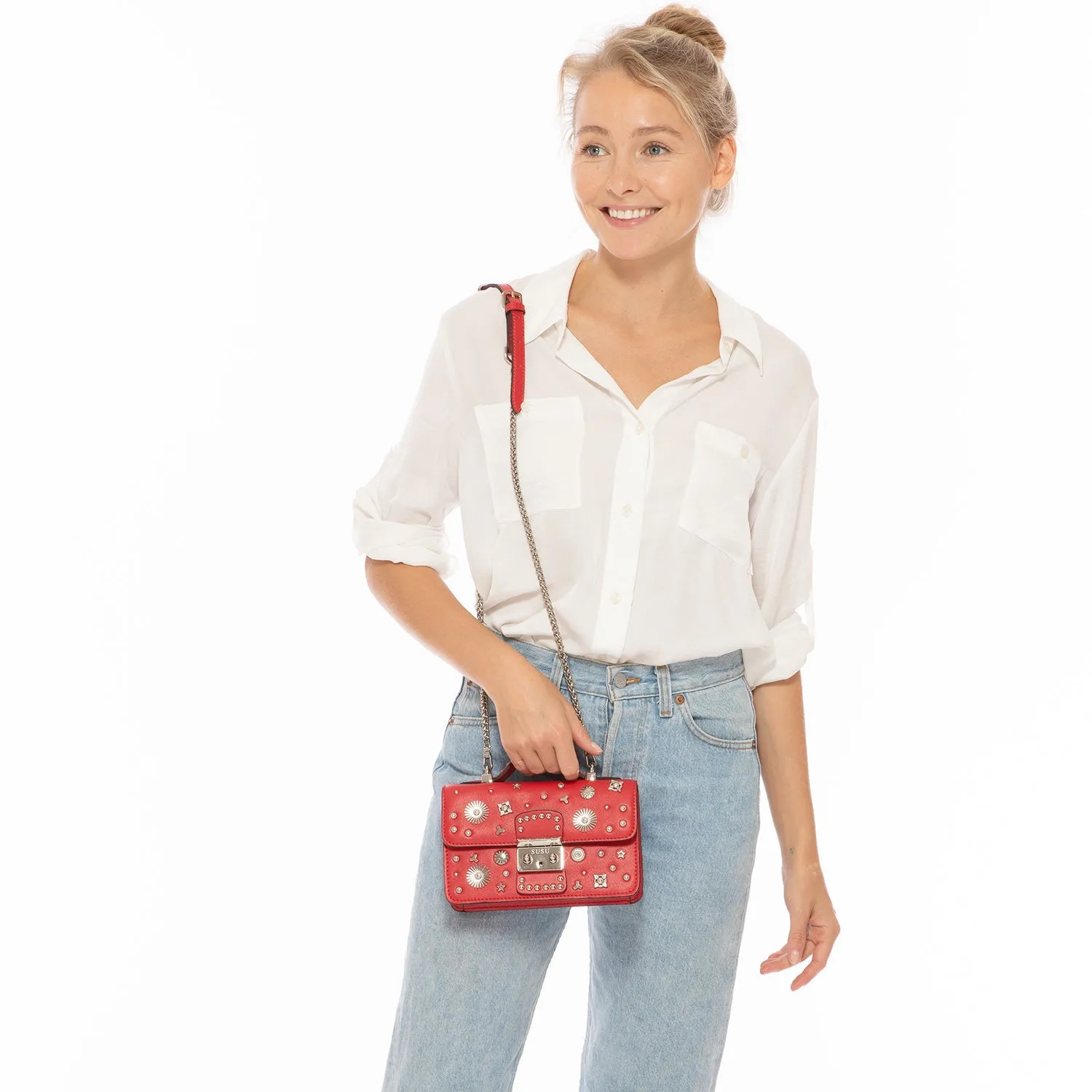 The Hollywood Studded Leather Crossbody Bag – Red, Chic & Bold Leather Shoulder Bag