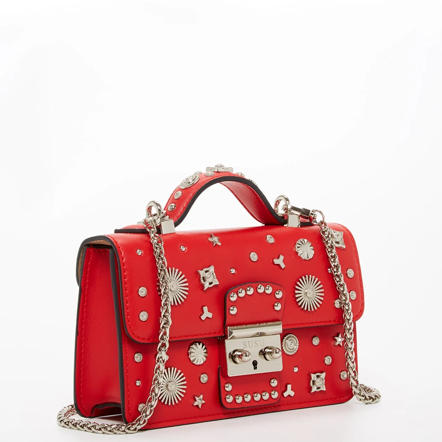 The Hollywood Studded Leather Crossbody Bag – Red, Chic & Bold Leather Shoulder Bag