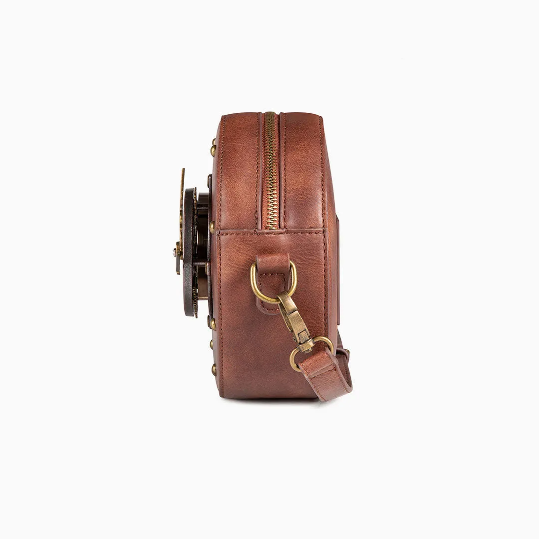 Time Fly Back Zip Top Clock Trim Round Crossbody Bag - Brown