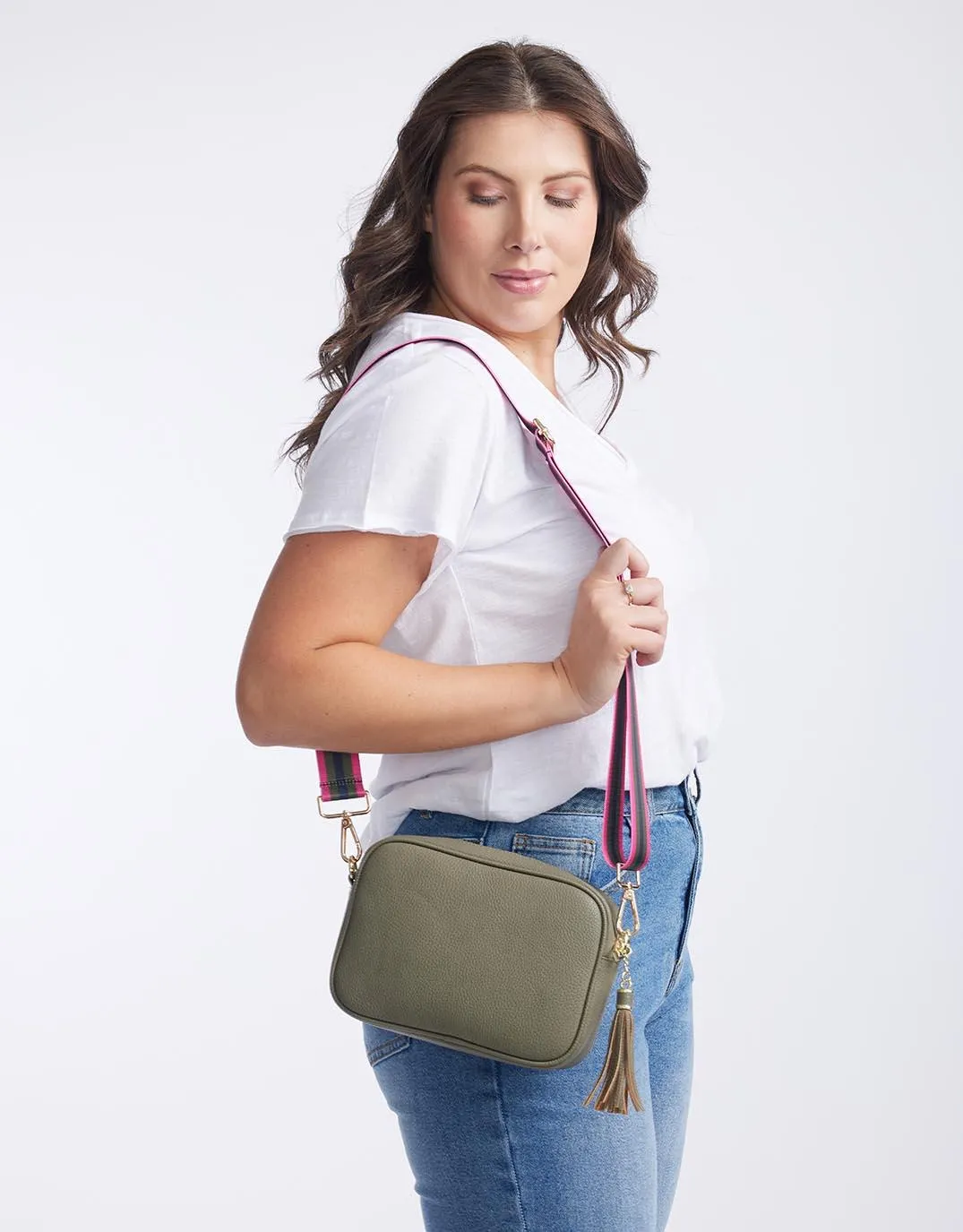 Zoe Crossbody Bag - Khaki with Khaki/Hot Pink Stripe