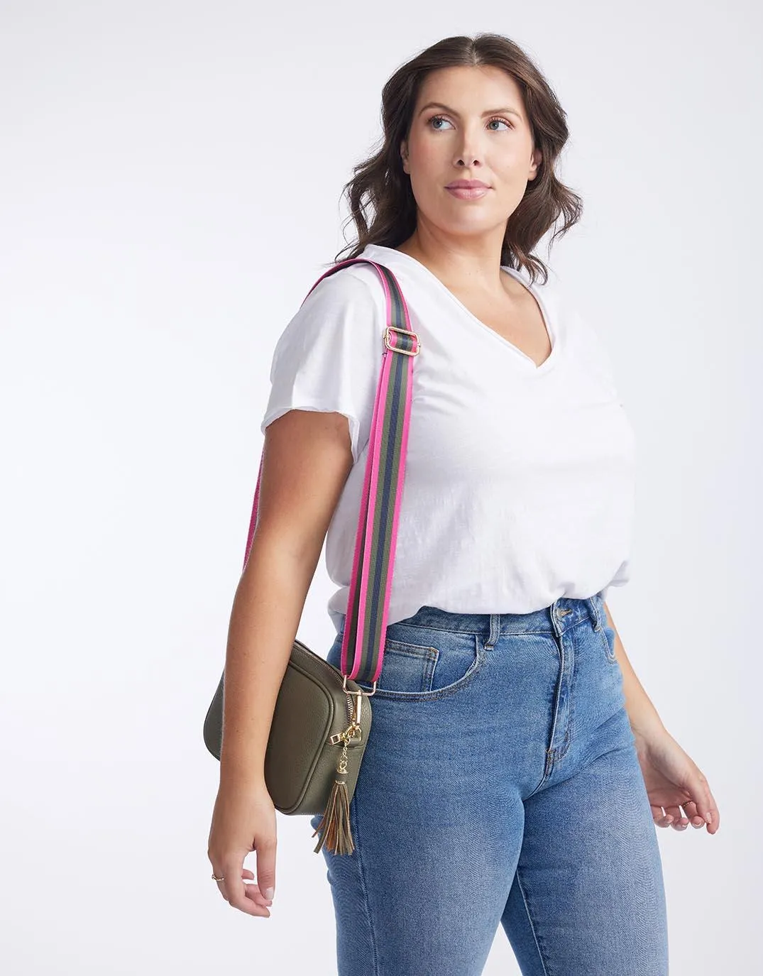 Zoe Crossbody Bag - Khaki with Khaki/Hot Pink Stripe